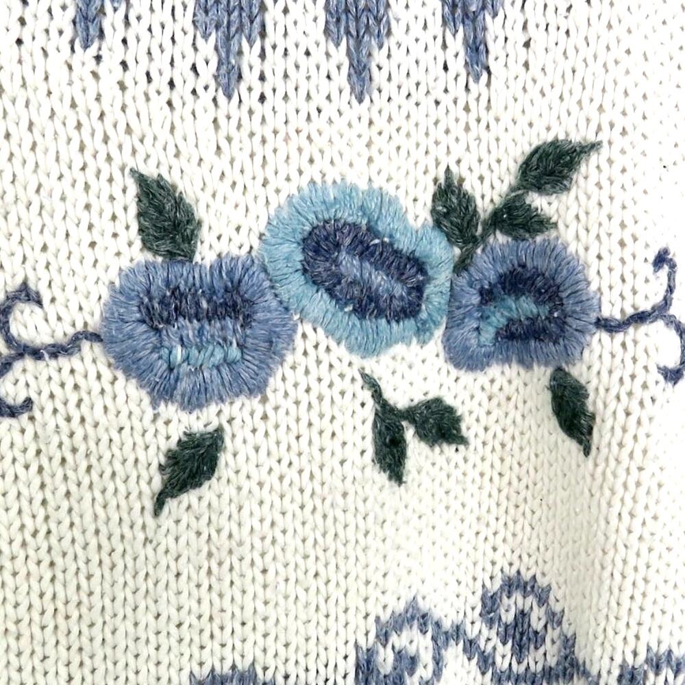 1980s Huntington & Ridge Sweater Vintage Blue Floral Chunky Knit Sweater Grandma - Picture 4 of 7